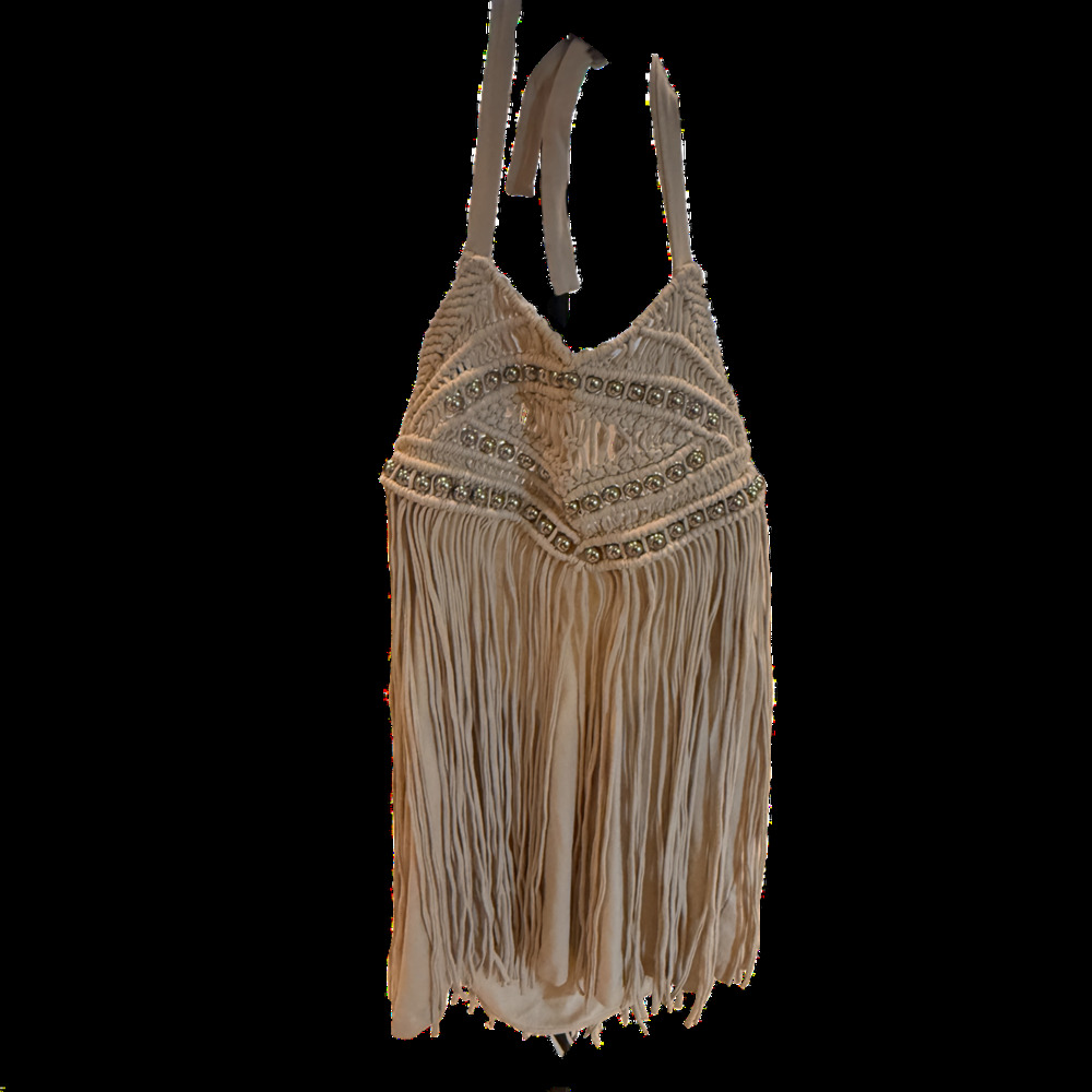 Cream Macrame Beaded Fringe Boho Coachella Halter Top M/L
